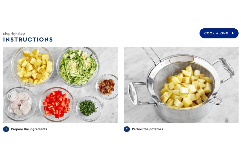 A side-by-side recipe on how to chop vegetables and boil potatoes