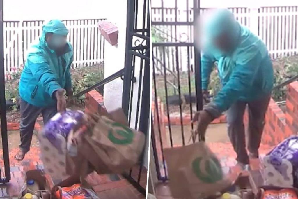 Security camera catches delivery driver dropping grocery bags: 'Employs ex-luggage workers'