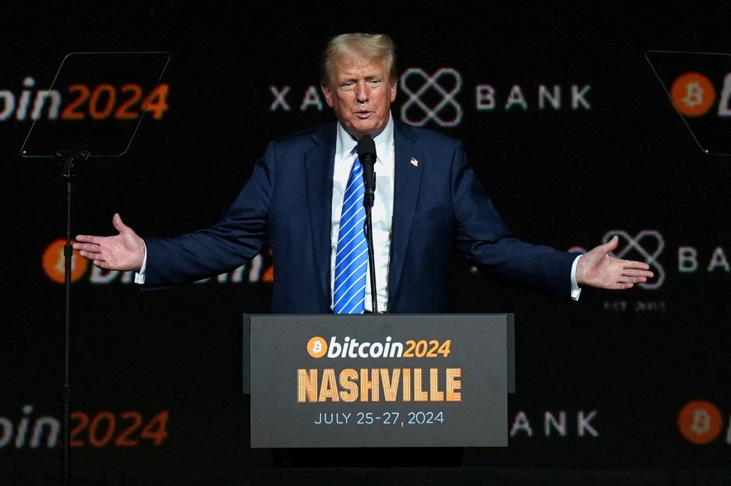 President Trump speaking at the Bitcoin 2024 conference in Nashville, Tenn.